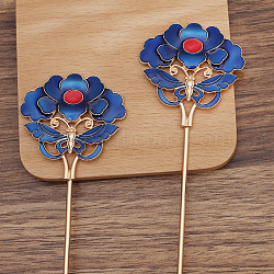 Iron Hair Stick, with Alloy Enamel Findings, Flower, Light Gold, 120x2.5mm, Tray: 6x8mm(OHAR-PW0001-298B-KCG)
