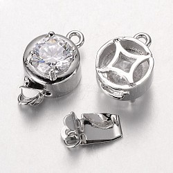 Brass Cubic Zirconia Box Clasps, Cadmium Free & Nickel Free & Lead Free, Flat Round, Platinum, 15.5x10x1.5mm, Hole: 1 & 1.5mm(ZIRC-O020-13P-NR)