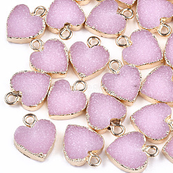 Electroplate Druzy Resin Pendants, with Iron Findings, Heart, Light Gold, Pearl Pink, 15x12x3.5~4mm, Hole: 1mm(X-RESI-S366-01G)