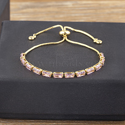 Brass Micro Pave Cubic Zirconia Slider Bracelets, Rectangle Link Chain Bracelets for Women, Real 18K Gold Plated, Pink, 7-7/8 inch(20cm)(FS-WG49F5F-07)