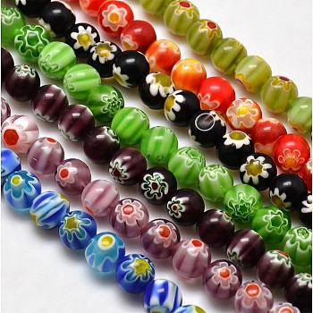 Round Millefiori Glass Beads Strands, Mixed Color, 7.6~8mm, Hole: 1mm, about 48pcs/strand, 14.9 inch