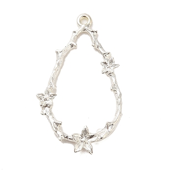 Rack Plating Alloy Pendants,  Cadmium Free & Lead Free, Teardrop with Flower, Silver, 37.5x21.5x3.5mm, Hole: 1.5mm