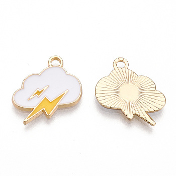 Alloy Pendants, with Enamel, Cadmium Free & Lead Free, Light Gold, Cloud with Lightning, White, 15x17x1.5mm, Hole: 2mm