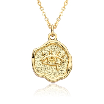 Brass Pendants Necklaces for Women, Flat Round with Evil Eye, Golden, 17.52 inch(44.5cm)