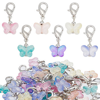 Elite 10 Sets Transparent Spray Painted Glass Butterfly Pendant Decorations, with Alloy Lobster Claw Clasps, Clip-on Charms, Mixed Color, 30mm, 6pcs/set