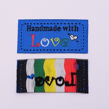 Woven Sewing Labels, Cloth Labels, for Sewing, Knitting, Crafts, Word Handmade & Word Love & Heart, Royal Blue, 25x50x0.5mm