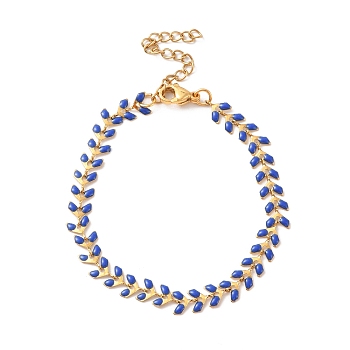 Enamel Ear of Wheat Link Chains Bracelet, Vacuum Plating 304 Stainless Steel Jewelry for Women, Medium Blue, 6-7/8 inch(17.6cm)