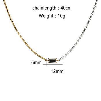 Stainless Steel Double Color Box Chain Rectangle Cubic Zircon Pendant Necklaces for Women's Daily Outfit, Golden & Stainless Steel Color, Black, 15.75 inch(40cm)