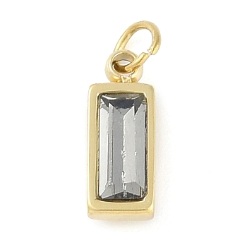 Glass Pendants, with Ion Plating(IP) 304 Stainless Steel Findings, Manual Polishing, with Jump Ring, Rectangle Charms, Real 18K Gold Plated, Light Grey, 11x4x3.5mm, Hole: 2.5mm