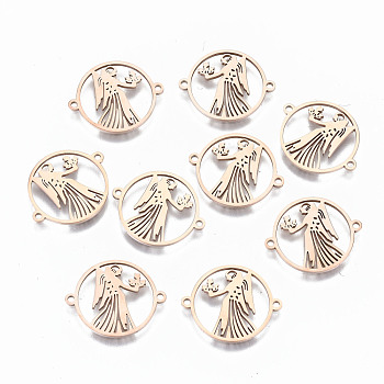 304 Stainless Steel Links Connectors, Laser Cut, Flat Round with Hollow Fairy, Rose Gold, 15x18x1mm, Hole: 1.2mm