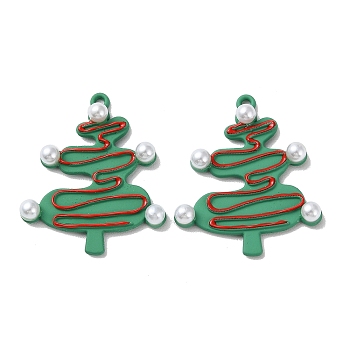 Spray Painted Alloy Pendants, with ABS Plastic Imitation Pearl Beads, Christmas Tree, Medium Aquamarine, 30x25x2~4.5mm, Hole: 1.4mm