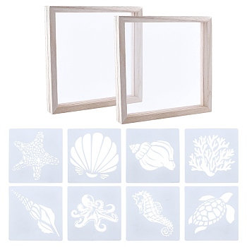 SUPERFINDINGS 1 Set Marine Organism Theme Plastic Drawing Painting Stencils Templates, with 2Pcs Wooden Transparent Picture Frame, Mixed Color, 13x13cm, 8sheets/set