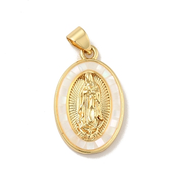 Brass Charms, with Shell, Cadmium Free & Lead Free, Long-Lasting Plated, Oval with Saint, Real 18K Gold Plated, White, 22.5x14x3.5mm, Hole: 3.5x3mm