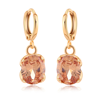 Real 18K Gold Plated Hot Trends Oval Brass Rhinestone Dangle Hoop Earrings, Crystal Copper, 25x8mm