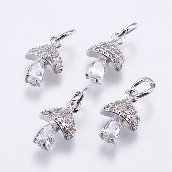 Brass Micro Pave Cubic Zirconia Charms, Cadmium Free & Lead Free, Mushroom, Real Platinum Plated, 11x7.5x4mm, Hole: 3mm