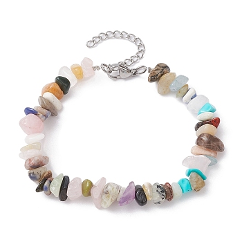 Natural & Synthetic Mixed Gemstone Chips Beaded Bracelet, with 304 Stainless Steel Clasps, 7-1/8 inch(18.2cm)