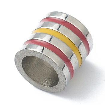 304 Stainless Steel Beads, with Enamel, Column with Stripe Pattern, Stainless Steel Color, Red, 9x7.5mm, Hole: 4.5mm
