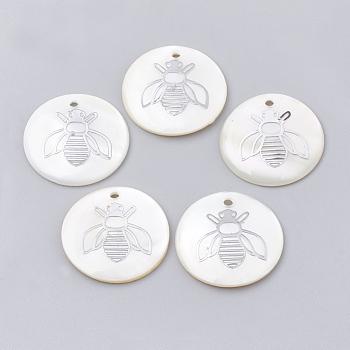 Freshwater Shell Pendants, with Brass Findings, Flat Round with Bee, Platinum, 22.5~23x1.5~2mm, Hole: 1.5mm