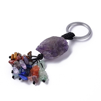 Natural Amethyst Nugget with Mixed Gemstone Chips Tassel Keychains, with 304 Stainless Steel Ring Clasps, 9~10.5cm