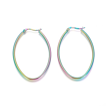 304 Stainless Steel Geometric Hoop Earrings, Hypoallergenic Earrings for Women Girls, Hypoallergenic Earrings, Oval, Rainbow Color, 53.5x34.5x2mm, 12 Gauge, Pin: 1x0.6mm