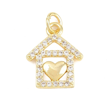 Brass Micro Pave Clear Cubic Zirconia Pendants, House Charms, Long-Lasting Plated, Rack Plating, Lead Free & Cadmium Free, Real 18K Gold Plated, 16x13x2mm, Hole: 3.5mm