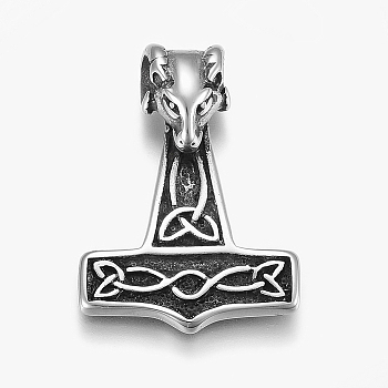 304 Stainless Steel Pendants, Thor's Hammer with Sheep, Antique Silver, 40x29x9mm, Hole: 6mm