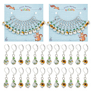 Handmade Porcelain Pendant Stitch Markers, Round with Sunflower Pattern Crochet Leverback Hoop Charms, Locking Stitch Marker with Wine Glass Charm Ring, White, 3.8cm, 12pcs/set(HJEW-AB00423)