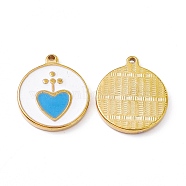 Vacuum Plating 201 Stainless Steel Pendants, with Enamel, Real 18K Gold Plated, Flat Round with Heart Charm, Deep Sky Blue, 23.5x20x2.7mm, Hole: 1.7mm(STAS-J401-VC1026)