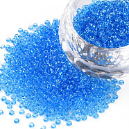 12/0 Grade A Round Glass Seed Beads, Transparent Colours, Sky Blue, 12/0, 2x1.5mm, Hole: 0.8mm, about 30000pcs/bag(SEED-Q006-F16)