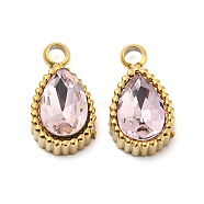 Real 14K Gold Plated 304 Stainless Steel Pendants, with Glass, Teardrop, Pink, 10x5.5x4mm, Hole: 1.6mm(STAS-L022-156G-01)