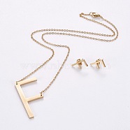 304 Stainless Steel jewelry Sets, Stud Earring and Pendant Necklaces, Alphabet, Golden, Letter.F, 18.7 inch~20.2 inch(47.5~51.3cm), 15x7~12mm, Pin: 0.8mm(SJEW-L141-001F)