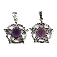 Natural Amethyst Pendants, Rack Plating Brass Ring Charms with Star, Platinum, Cadmium Free & Lead Free, 27.5x25.5x7~8mm, Hole: 8x5mm(G-P517-01P-01)