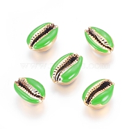 Electroplated Cowrie Shell Beads, with Enamel, Undrilled/No Hole Beads, Golden, Lime Green, 18~22x13~15x7~8mm(X-BSHE-G019-01G-J)