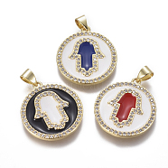 Golden Plated Brass Micro Pave Cubic Zirconia Pendants, with Enamel, Flat Round with Hamsa Hand/Hand of Fatima/Hand of Miriam, Clear, Mixed Color, 22x20x2.5mm, Hole: 4.5x3mm(ZIRC-L078-088)