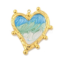 Ion Plating(IP) 304 Stainless Steel Pendants, with Enamel, Real 18K Gold Plated, Heart Charm, Medium Aquamarine, 40.5x35x2.5mm, Hole: 2mm(STAS-U007-06C-G)