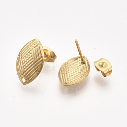 304 Stainless Steel Stud Earring Findings, with Ear Nuts/Earring Backs, Horse Eye, Real Gold Plated, 14.5x9mm, Hole: 1mm, Pin: 0.7mm(STAS-S079-70A)