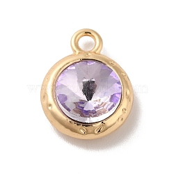 Glass Pendants, Rack Plating Golden Alloy Findings, Nickel Free, Flat Round Charms, Lilac, 15x11.5x6mm, Hole: 2mm(PALLOY-O106-21G-04)