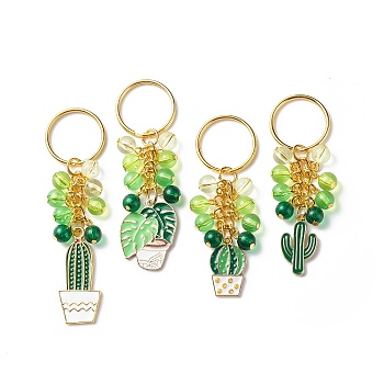 4Pcs Cactus/Leaf Potting Alloy Enamel Pendant Keychain, with Acrylic Beads, for Car Bag Pendant Decoration Key Chain, Green, 7.5~9.3cm
