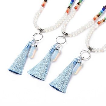 Opalite Bullet & Tassel Pendant Necklace with Mixed Gemstone Beaded Chains, Chakra Yoga Jewelry for Women, 25.98 inch(66cm)