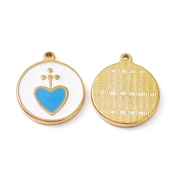 Vacuum Plating 201 Stainless Steel Pendants, with Enamel, Real 18K Gold Plated, Flat Round with Heart Charm, Deep Sky Blue, 23.5x20x2.7mm, Hole: 1.7mm