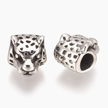 304 Stainless Steel European Beads, Large Hole Beads, Leopard, Antique Silver, 9x10.5x13.5mm, Hole: 5mm