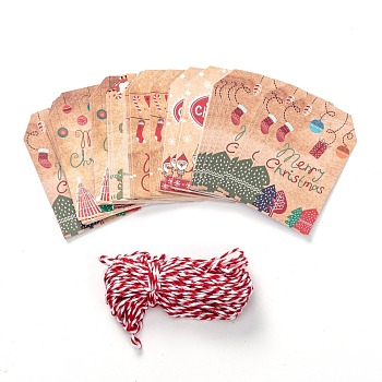 Paper Gift Tags, Hang Tags, with Jute Twine, for Christmas Decoration, Christmas Themed Pattern, 7.6x4.5x0.02cm, Hole: 5mm, 50pcs/bag