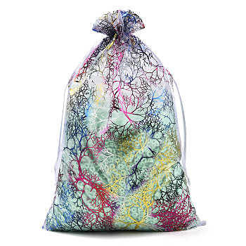 Organza Gift Bags, Drawstring Bags, with Colorful Coral Pattern, Rectangle, White, 30x20cm