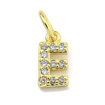 Letter Brass Micro Pave Clear Cubic Zirconia Pendants, Jump Ring, Real 18K Gold Plated, Letter E, 9x4.8x1.5mm, JJump Ring: 5x0.9mm, Hole: 3.5mm