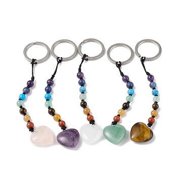 7 Chakra Gemstone Beads Keychain, Heart Charm Keychain for Women Men Hanging Car Bag Charms, 13cm