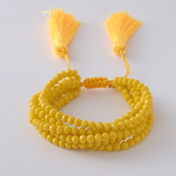 Faceted Glass Braided Bead Bracelets, Adjustable Tassel Woven Multi-strand Bracelets for Women, Yellow