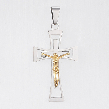 304 Stainless Steel Pendants, Large Hole Pendants, For Easter, Crucifix Cross, Golden & Stainless Steel Color, 54x30.5x6mm, Hole: 6x11mm