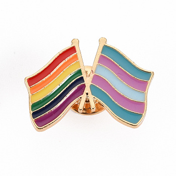 Alloy Enamel Brooches, Enamel Pins, with Brass Butterfly Clutches, Pride Flag/Rainbow Flag, Cadmium Free & Nickel Free & Lead Free, Light Gold, Colorful, 20x27.5mm, Pin: 1mm