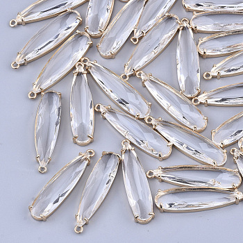 Transparent Glass Pendants, with Brass Findings, Faceted, Teardrop, Light Gold, Clear, 32x8x4mm, Hole: 1.2mm