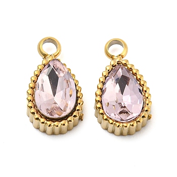 Real 14K Gold Plated 304 Stainless Steel Pendants, with Glass, Teardrop, Pink, 10x5.5x4mm, Hole: 1.6mm